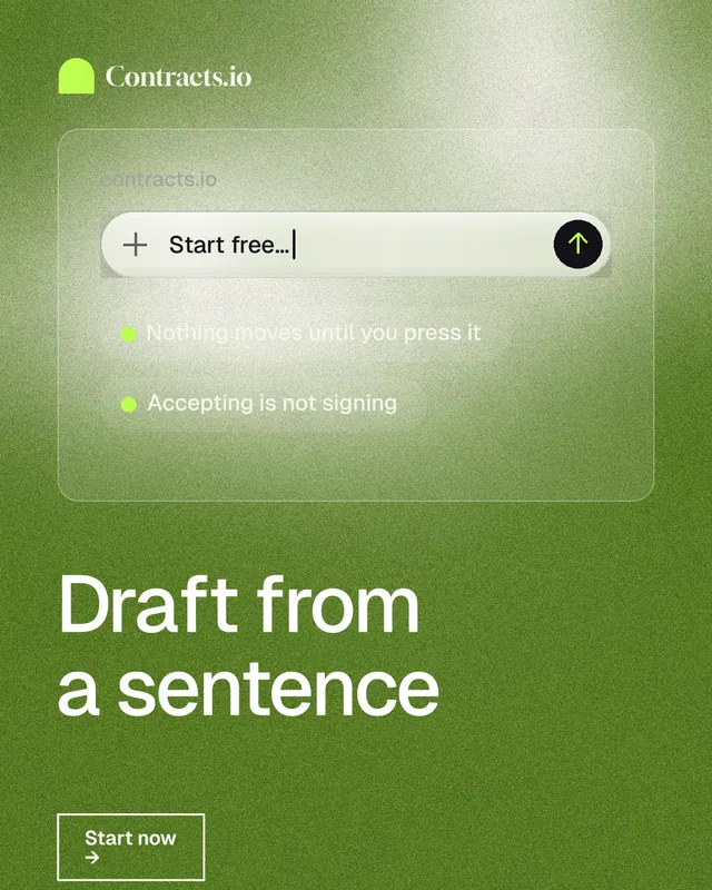 Instagram portrait post for contracts.io: "Draft from a sentence". Cyanotype style, bottom layout, light palette in green.
