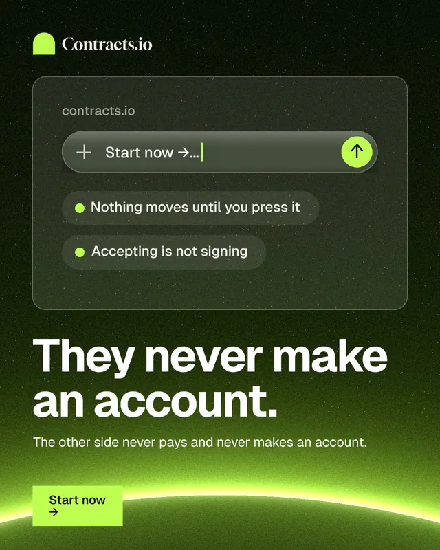 Instagram portrait post for contracts.io: "They never make an account." Swiss style, bottom layout, dark palette in green, black.