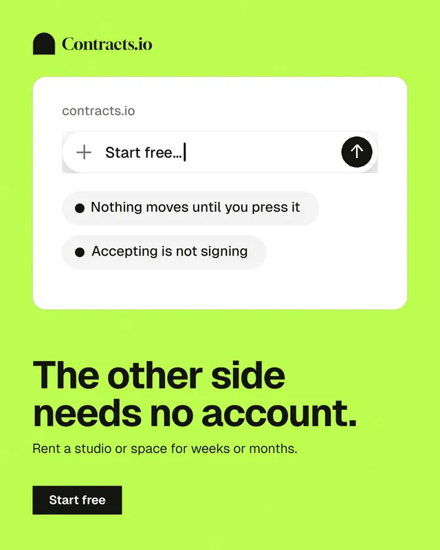 Instagram portrait post for contracts.io: "The other side needs no account." Swiss style, bottom layout, light palette in white, green.