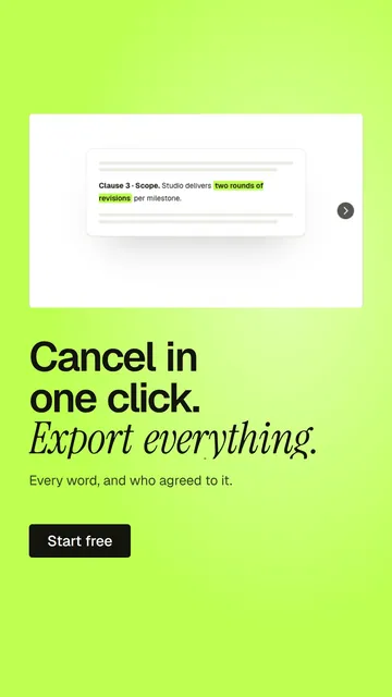 Video for contracts.io: "Cancel in one click. Export everything.". Doc motion loop, 7.0 s, light palette.
