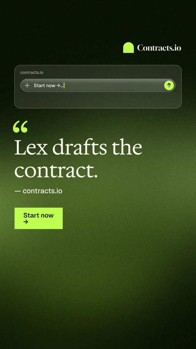 Instagram story for contracts.io: "Lex drafts the contract." Swiss style, quote layout, dark palette in black, green.