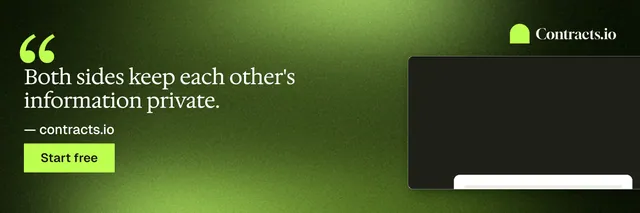 X header for contracts.io: "Both sides keep each other's information private." Swiss style, quote layout, dark palette in green, black.