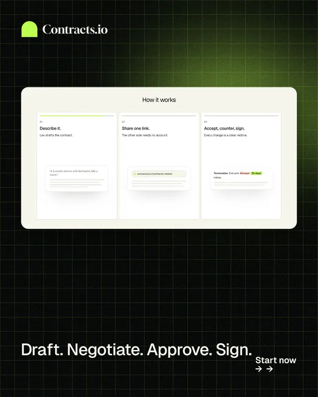 Instagram portrait post for contracts.io: "Draft. Negotiate. Approve. Sign." Phosphor atlas style, image led layout, dark palette in white, black, grey.