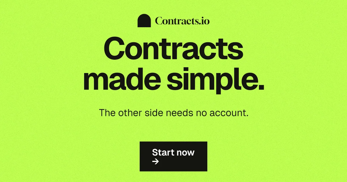 Social ad for contracts.io: "Contracts made simple." Swiss style, centred layout, light palette in green.