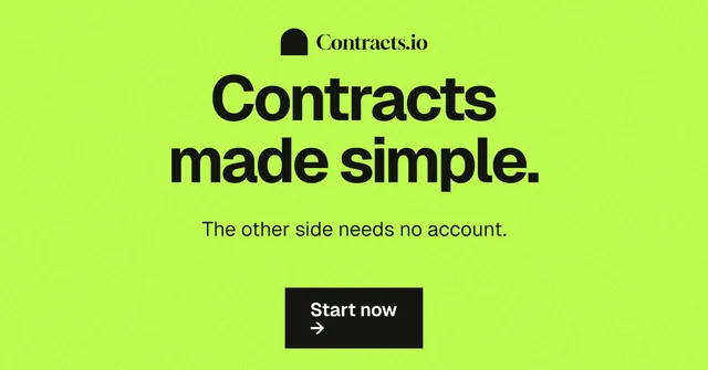 Social ad for contracts.io: "Contracts made simple." Swiss style, centred layout, light palette in green.