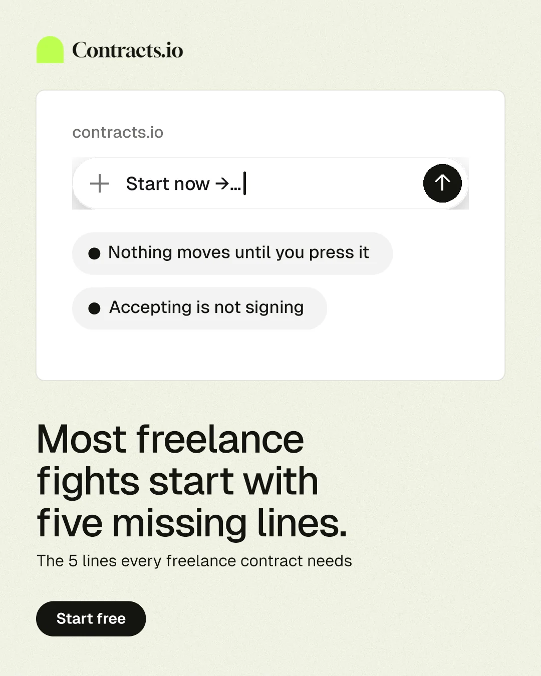 Instagram portrait post for contracts.io: "Most freelance fights start with five missing lines." Data card style, bottom layout, light palette in white, grey.