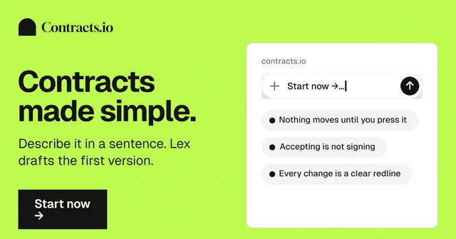 Social ad for contracts.io: "Contracts made simple." Swiss style, bottom layout, light palette in green.