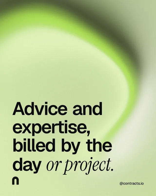 Instagram portrait post for contracts.io: "Advice and expertise, billed by the day or project." Auto 4x5 style, technique:shader field layout, light palette in green.