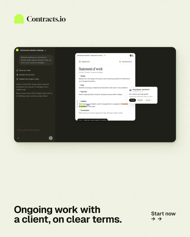 Instagram portrait post for contracts.io: "Ongoing work with a client, on clear terms." Swiss style, image led layout, light palette in white, grey, green.