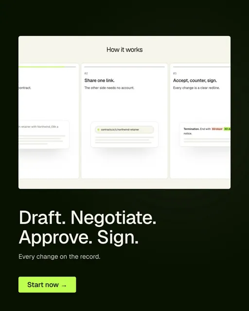Video for contracts.io: "Draft. Negotiate. Approve. Sign.". Doc motion loop, 7.0 s, light palette.