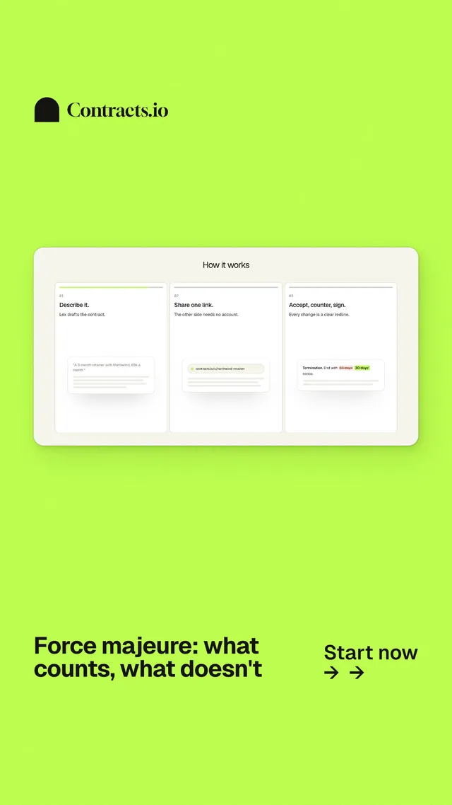 Instagram story for contracts.io: "Force majeure: what counts, what doesn't". Swiss style, image led layout, light palette in green, white.