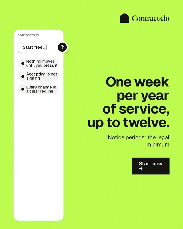 Instagram portrait post for contracts.io: "One week per year of service, up to twelve." Swiss style, right layout, light palette in green, white.