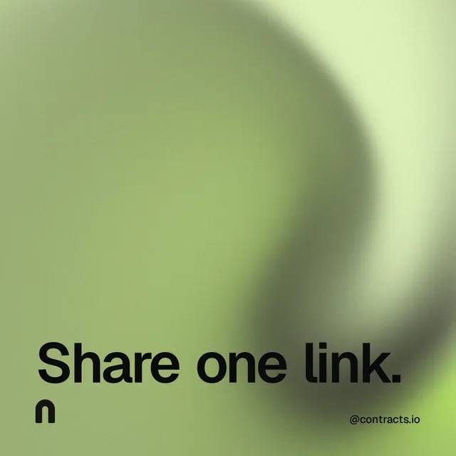 Instagram post for contracts.io: "Share one link." Auto 1x1 style, technique:shader field layout, light palette in green.