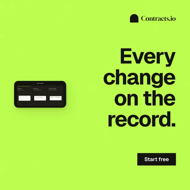 Instagram post for contracts.io: "Every change on the record." Swiss style, right layout, light palette in green.