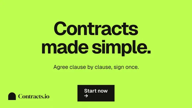 Landscape graphic for contracts.io: "Contracts made simple." Swiss style, centred layout, light palette in green.
