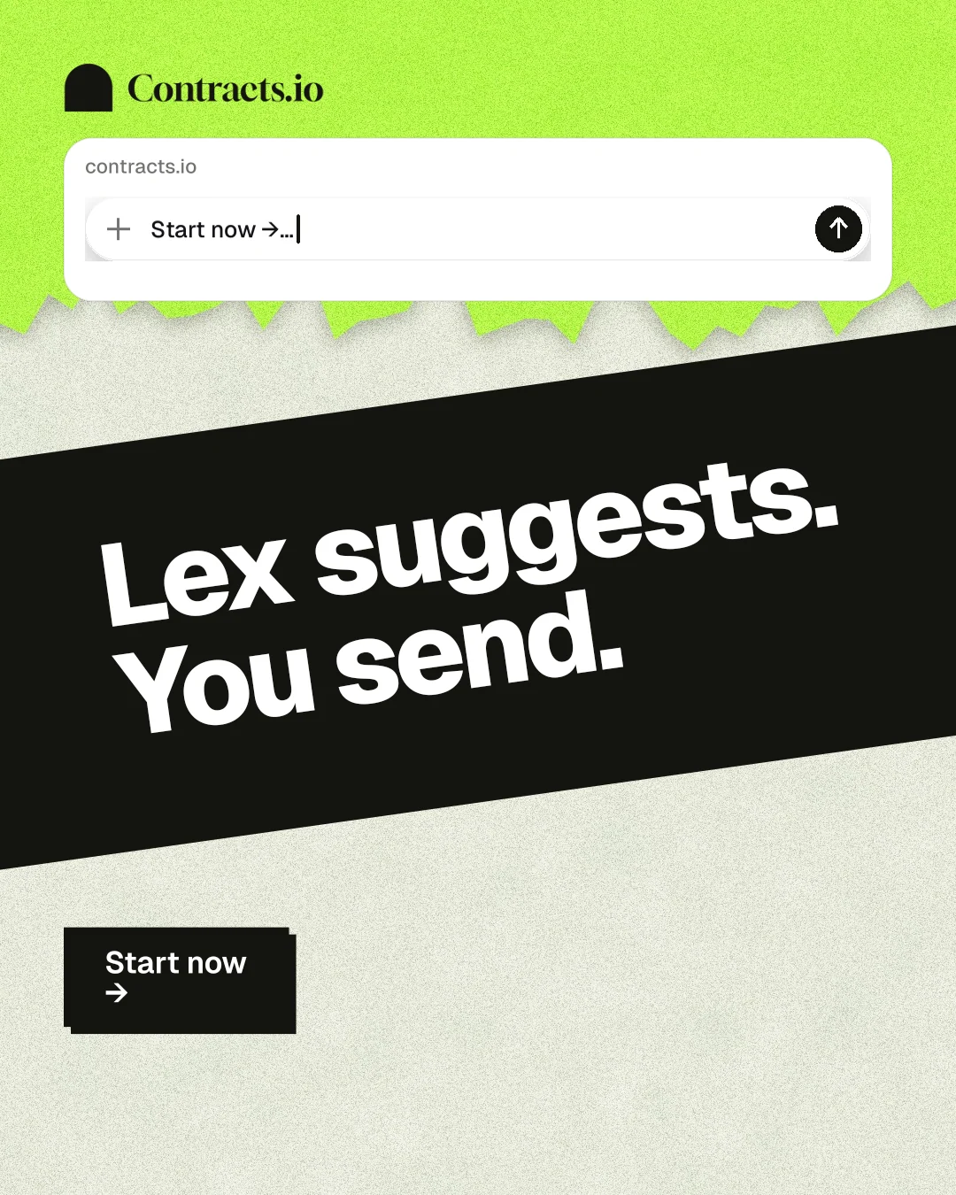 Instagram portrait post for contracts.io: "Lex suggests. You send." Paper trio style, diagonal layout, light palette in white, black, green.