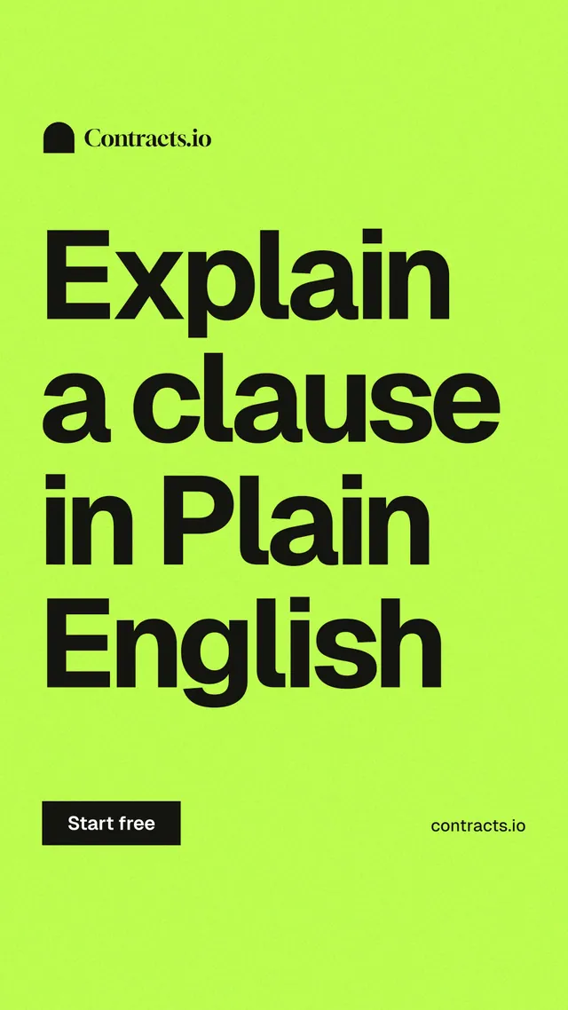 Instagram story for contracts.io: "Explain a clause in Plain English". Swiss style, poster layout, light palette in green.