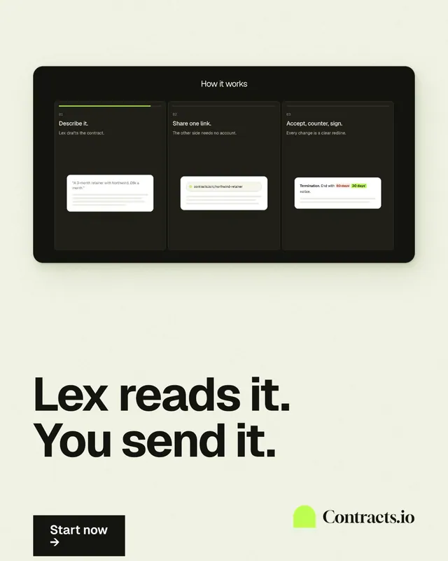 Instagram portrait post for contracts.io: "Lex reads it. You send it." Swiss style, bottom layout, light palette in white, black, green.
