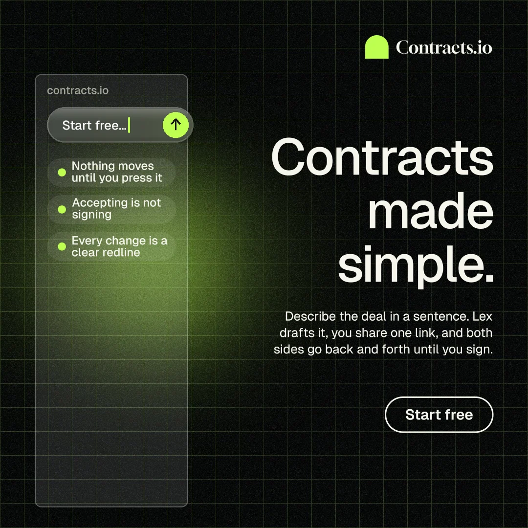 Instagram post for contracts.io: "Contracts made simple." Phosphor atlas style, right layout, dark palette in black, grey.