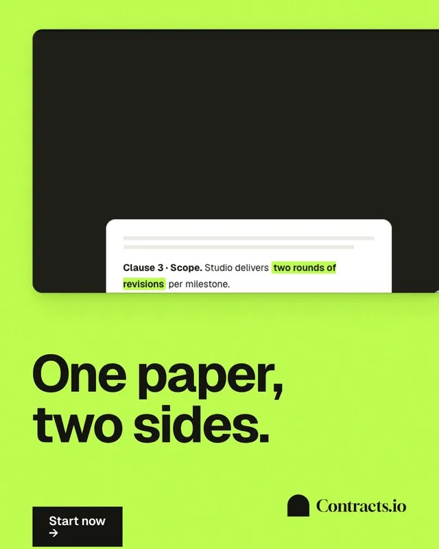 Instagram portrait post for contracts.io: "One paper, two sides." Swiss style, bottom layout, light palette in green, black.