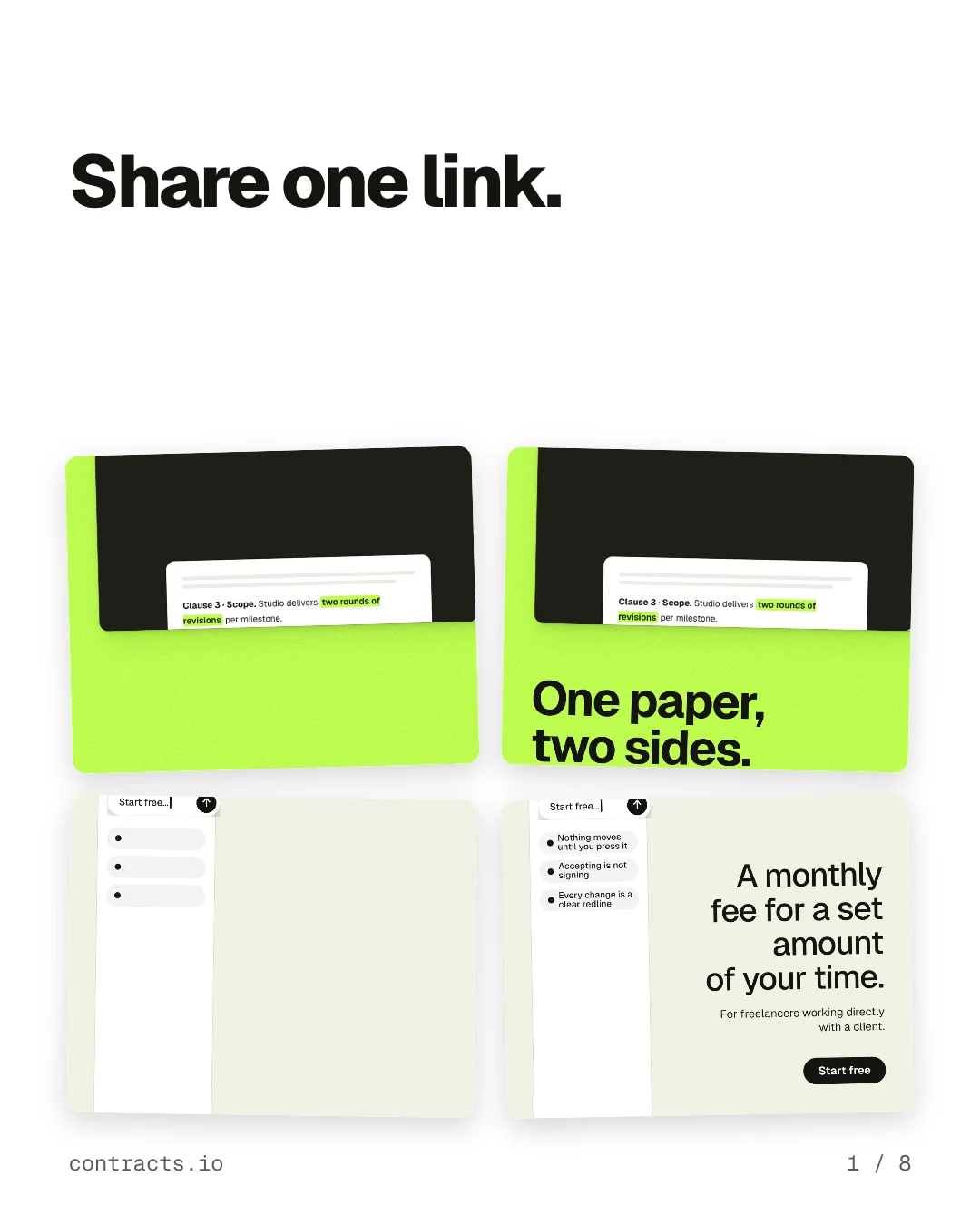 Carousel for contracts.io: "Share one link.". Collection carousel, 8 slides, light palette.