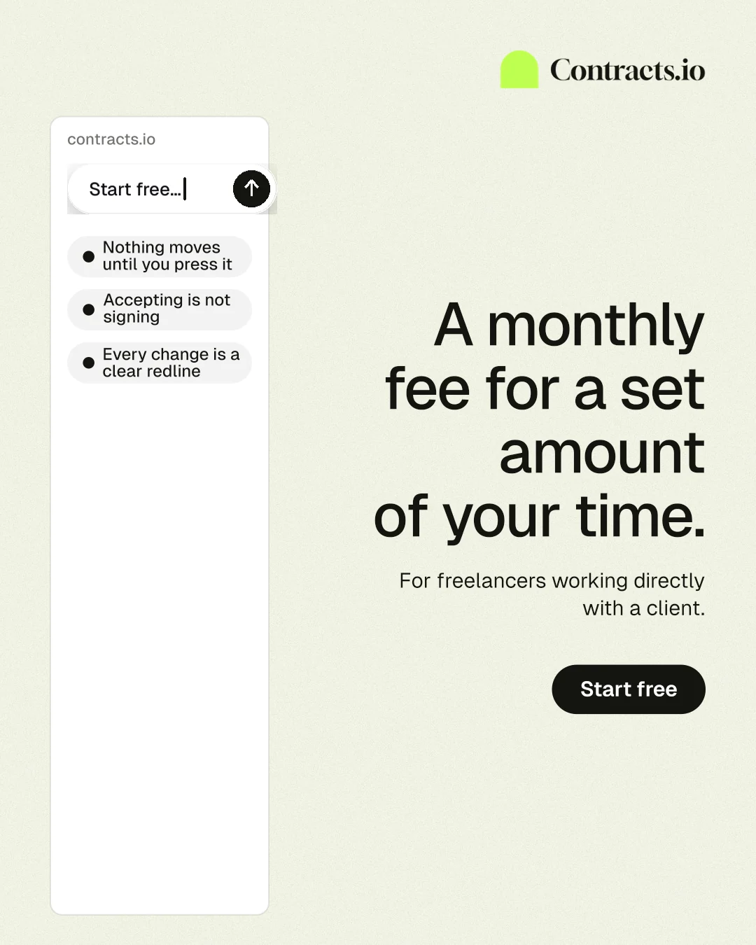 Instagram portrait post for contracts.io: "A monthly fee for a set amount of your time." Data card style, right layout, light palette in white.