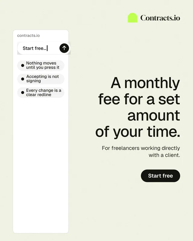 Instagram portrait post for contracts.io: "A monthly fee for a set amount of your time." Data card style, right layout, light palette in white.