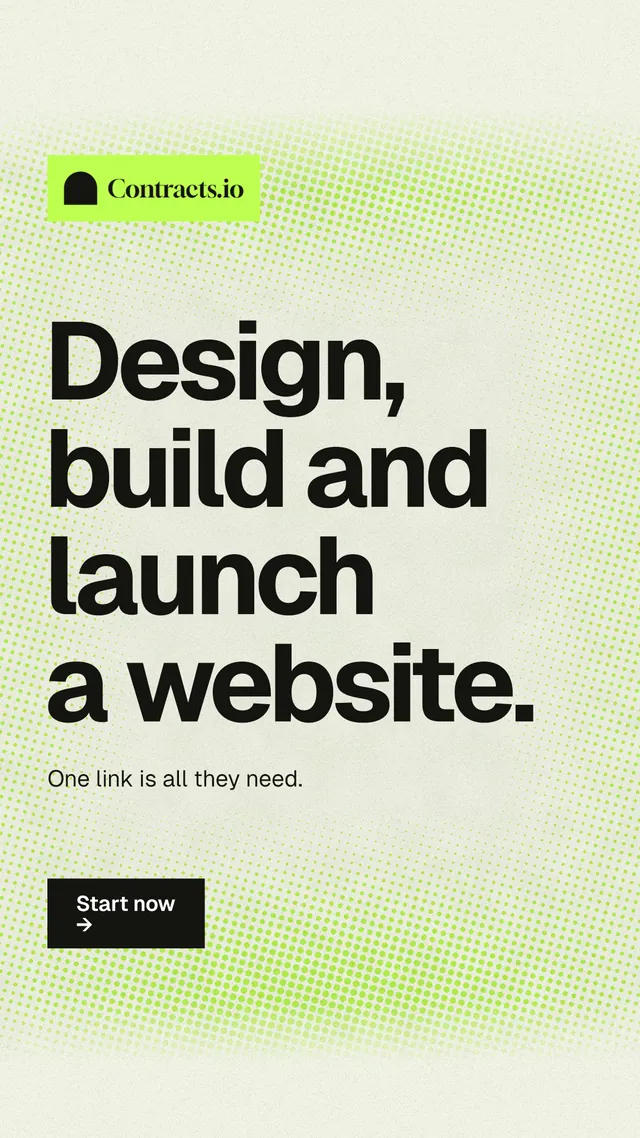 Instagram story for contracts.io: "Design, build and launch a website." Swiss style, announce layout, light palette in green, grey.
