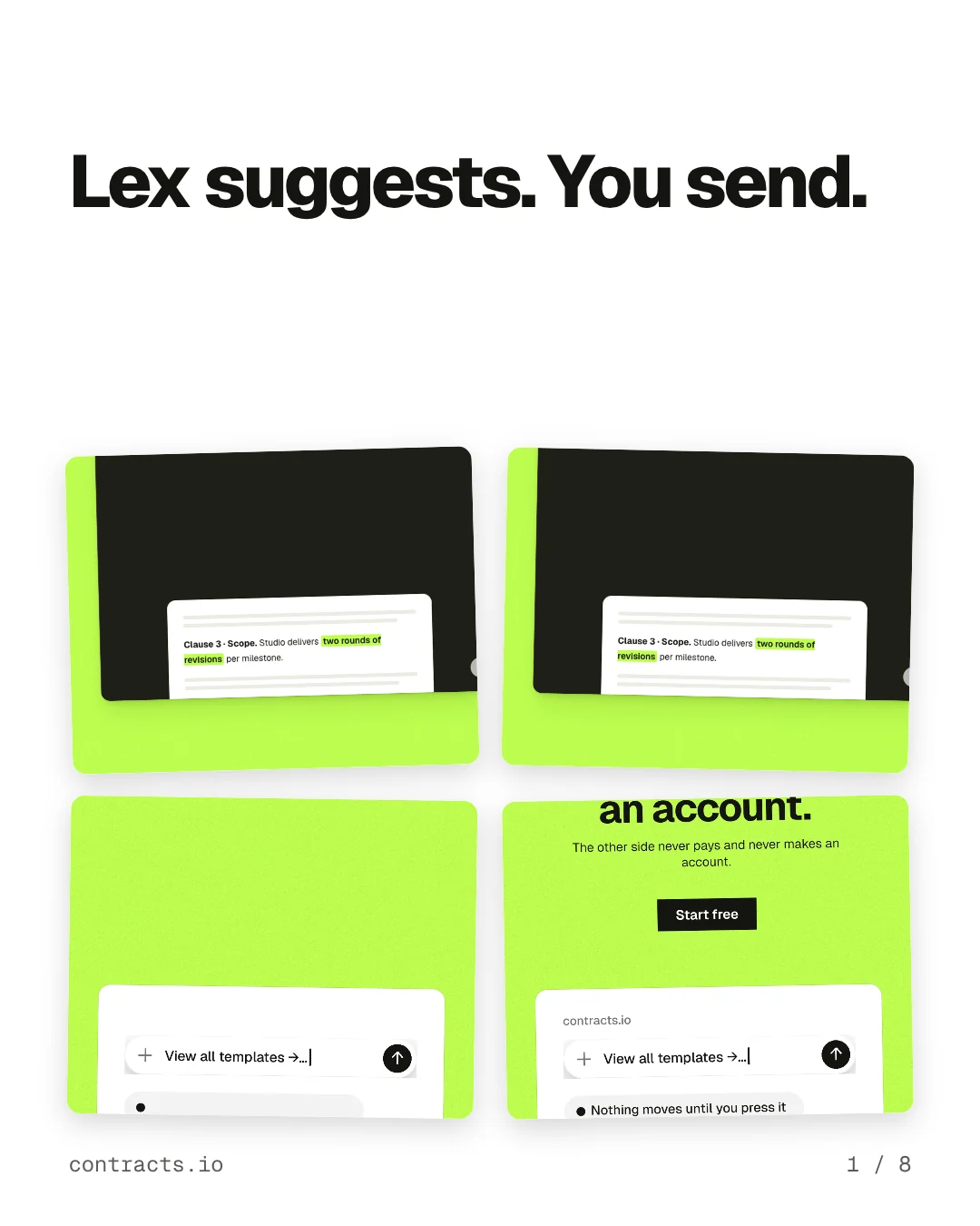 Carousel for contracts.io: "Lex suggests. You send.". Collection carousel, 8 slides, light palette.