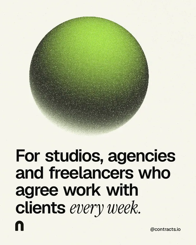 Instagram portrait post for contracts.io: "For studios, agencies and freelancers who agree work with clients every week." Auto 4x5 style, technique:shader field layout, light palette in white, grey.