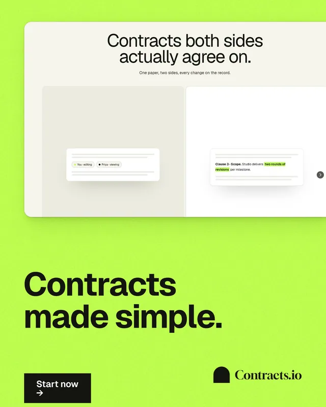 Instagram portrait post for contracts.io: "Contracts made simple." Swiss style, bottom layout, light palette in green.
