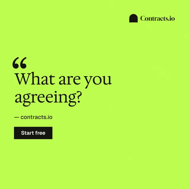 Instagram post for contracts.io: "What are you agreeing?" Swiss style, quote layout, light palette in green.