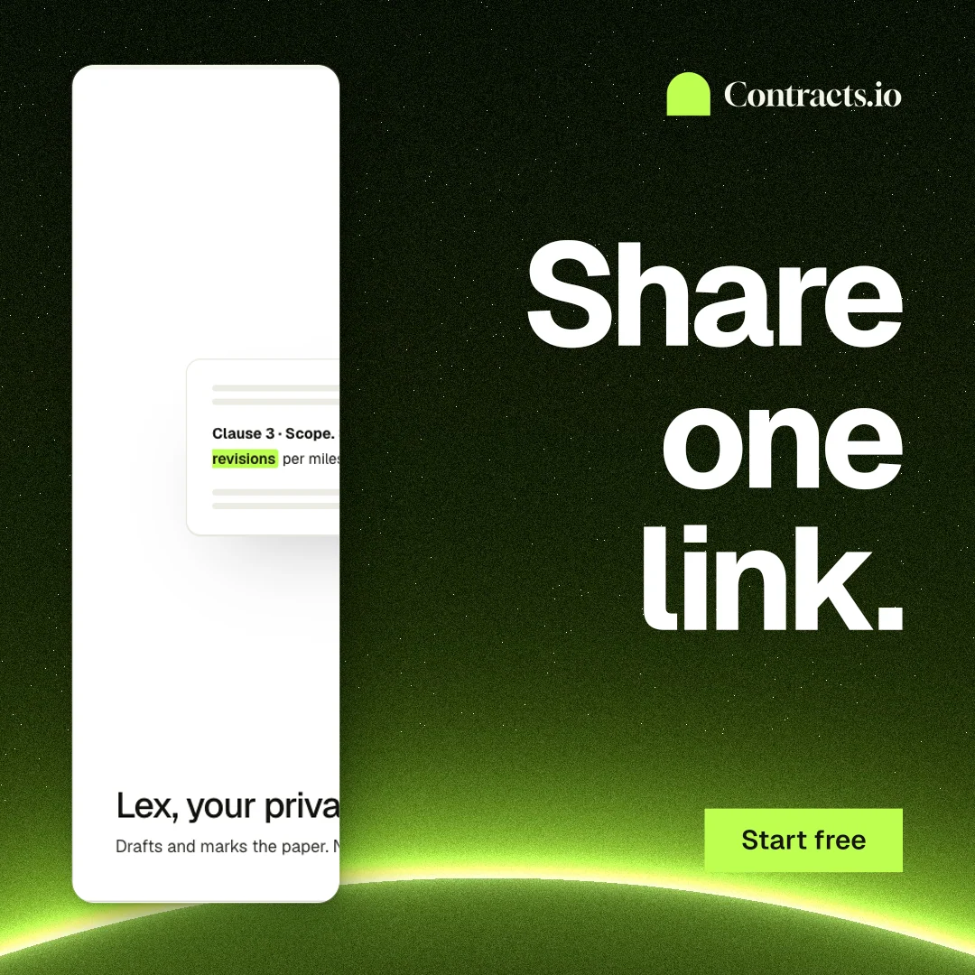 Instagram post for contracts.io: "Share one link." Swiss style, right layout, dark palette in white, black, green.