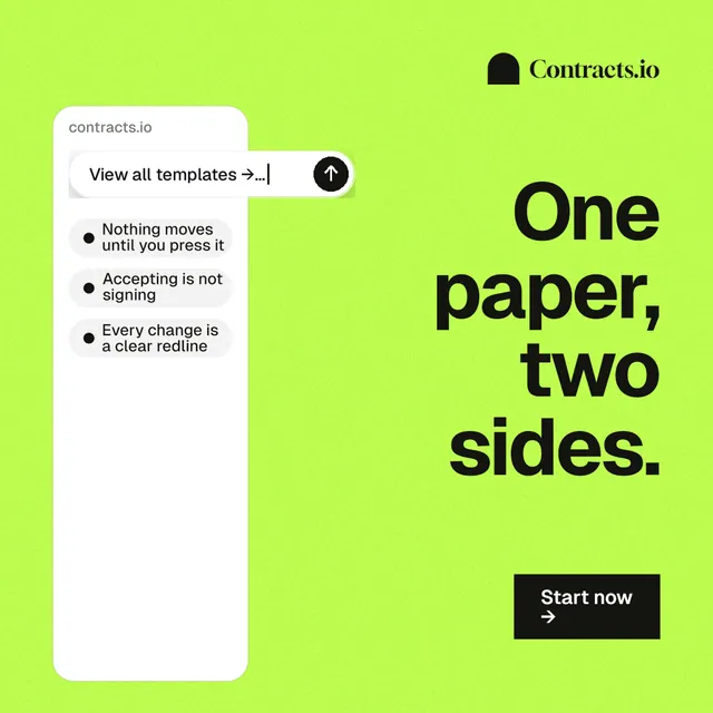 Instagram post for contracts.io: "One paper, two sides." Swiss style, right layout, light palette in green.