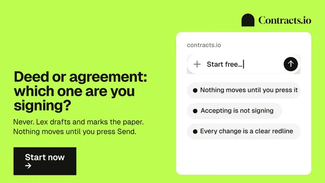 Landscape graphic for contracts.io: "Deed or agreement: which one are you signing?" Swiss style, bottom layout, light palette in green, white.
