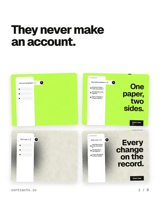 Carousel for contracts.io: "They never make an account.". Collection carousel, 8 slides, light palette.