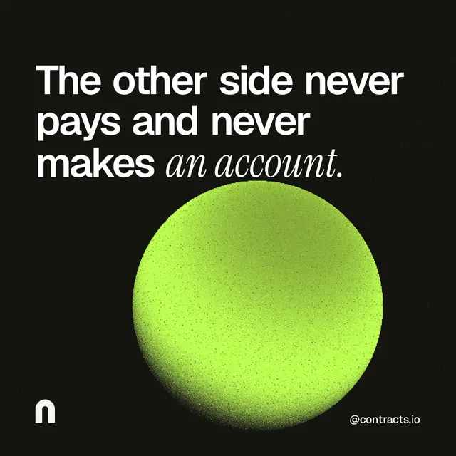 Instagram post for contracts.io: "The other side never pays and never makes an account." Auto 1x1 style, technique:shader field layout, dark palette in black, green.