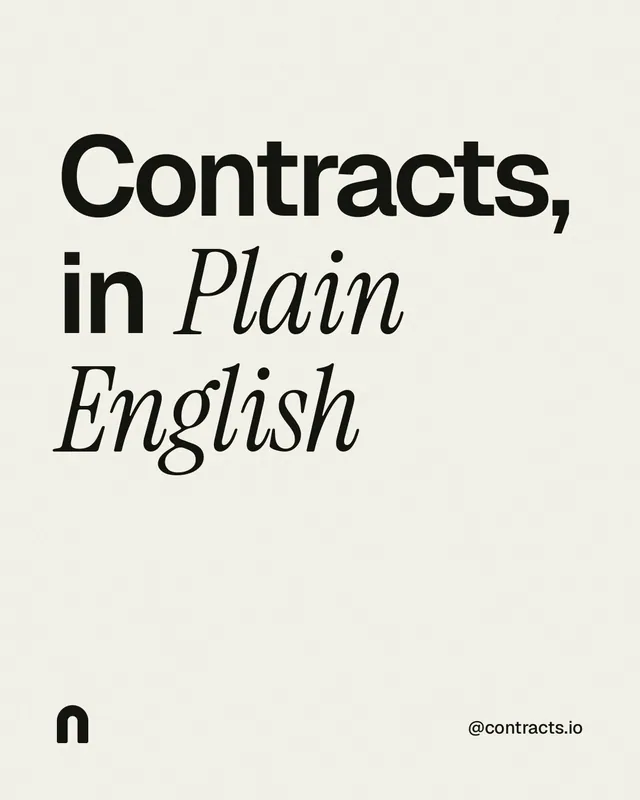 Instagram portrait post for contracts.io: "Contracts, in Plain English". Editorial style, technique:mixed type lockup layout, light palette in white, grey.