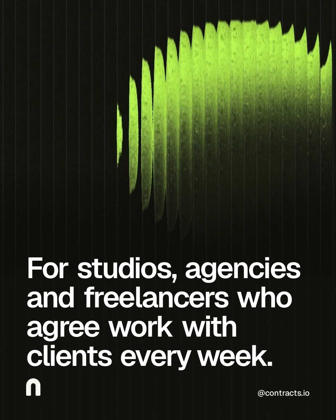 Video for contracts.io: "For studios, agencies and freelancers who agree work with clients every week.". Shader loop, 6.0 s, dark palette.