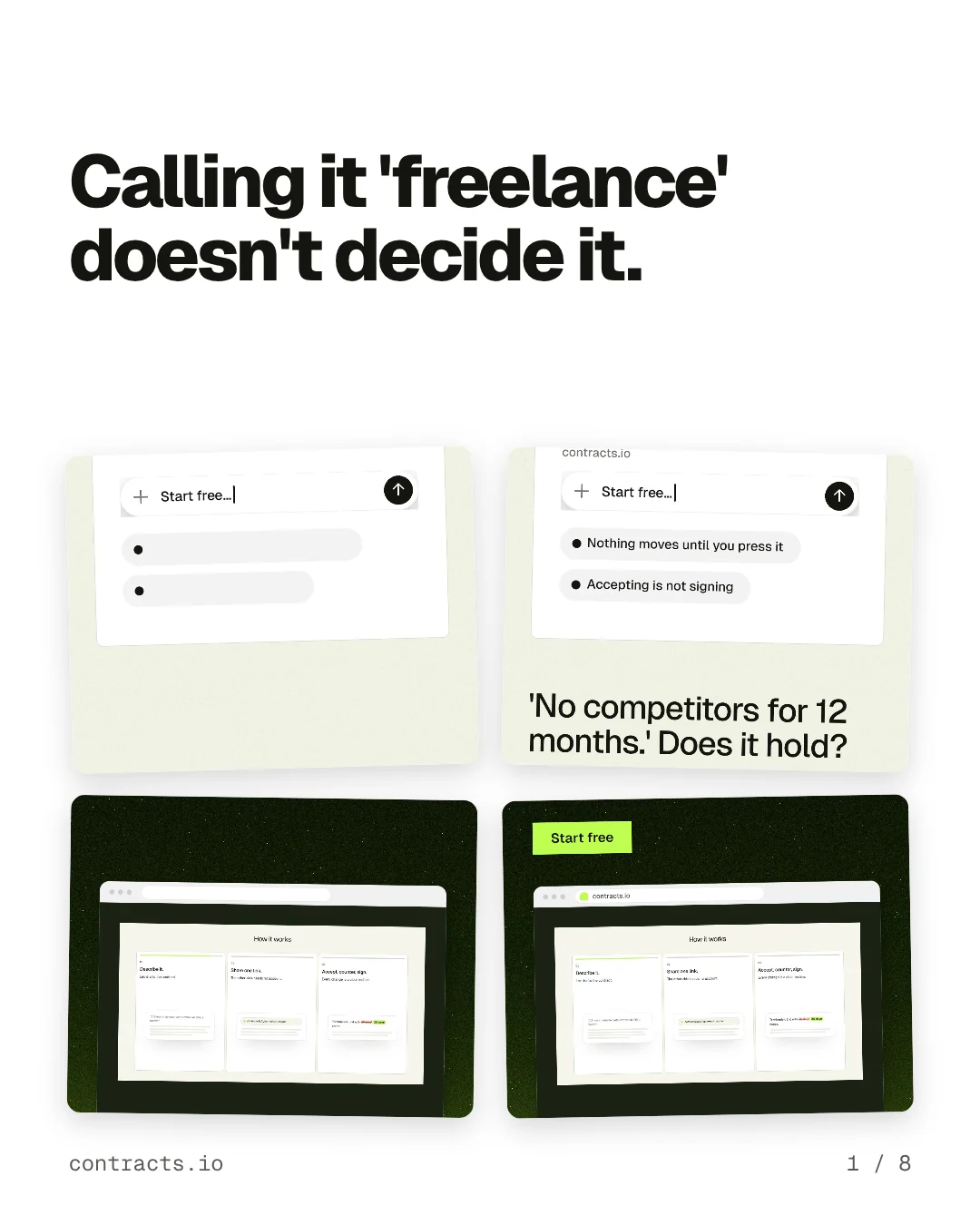 Carousel for contracts.io: "Calling it 'freelance' doesn't decide it.". Collection carousel, 8 slides, light palette.