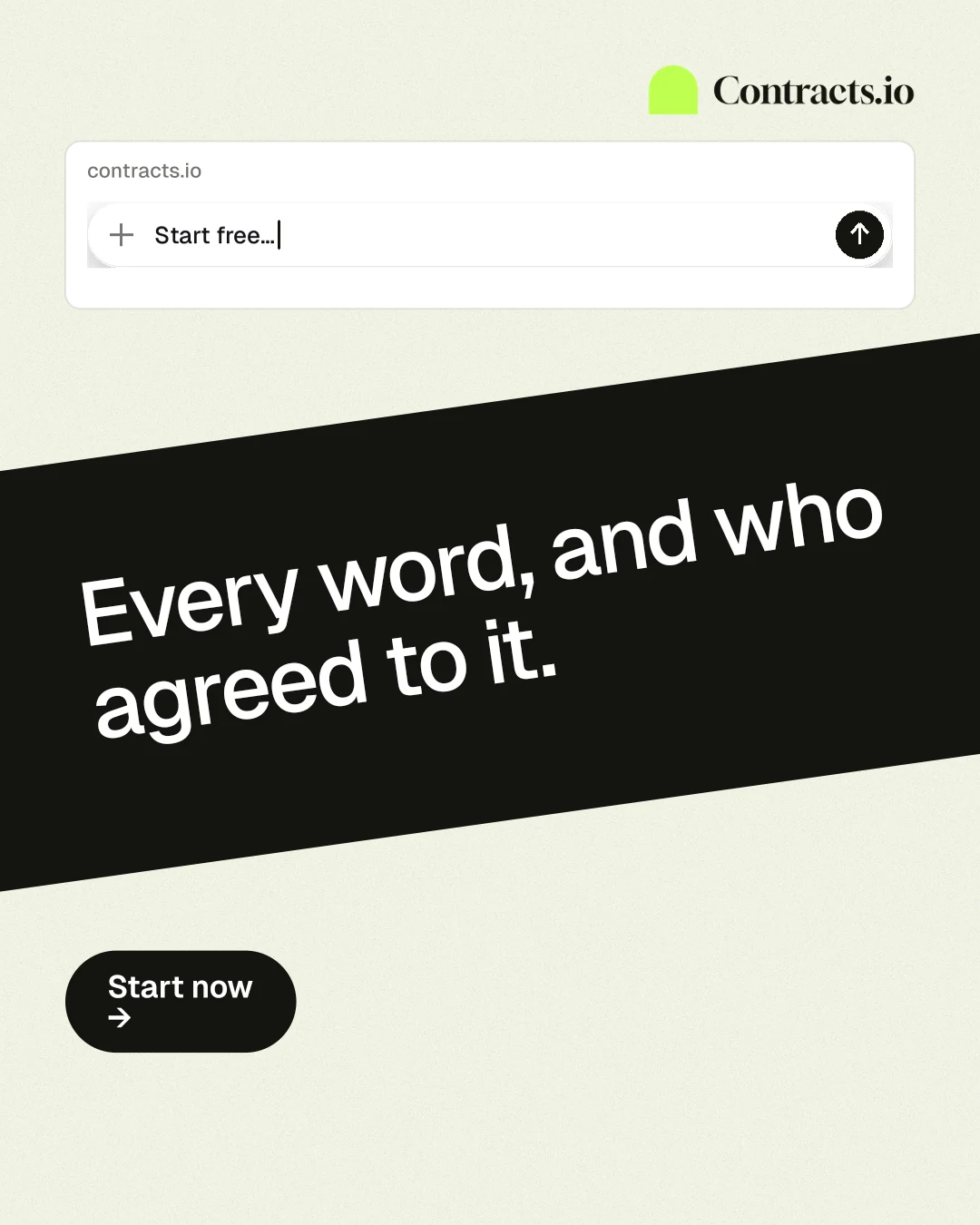 Instagram portrait post for contracts.io: "Every word, and who agreed to it." Data card style, diagonal layout, light palette in white, black, green.
