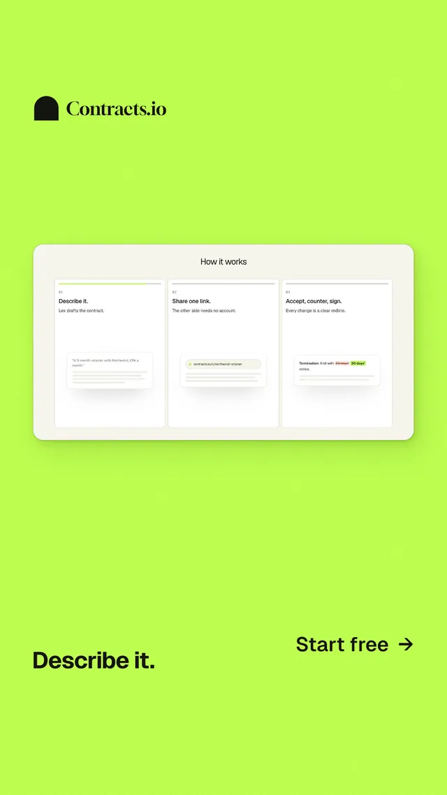 Instagram story for contracts.io: "Describe it." Swiss style, image led layout, light palette in green, white.
