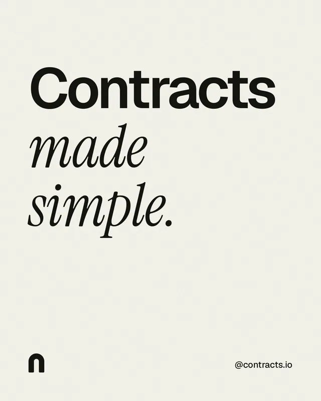 Instagram portrait post for contracts.io: "Contracts made simple." Editorial style, technique:mixed type lockup layout, light palette in white, grey.