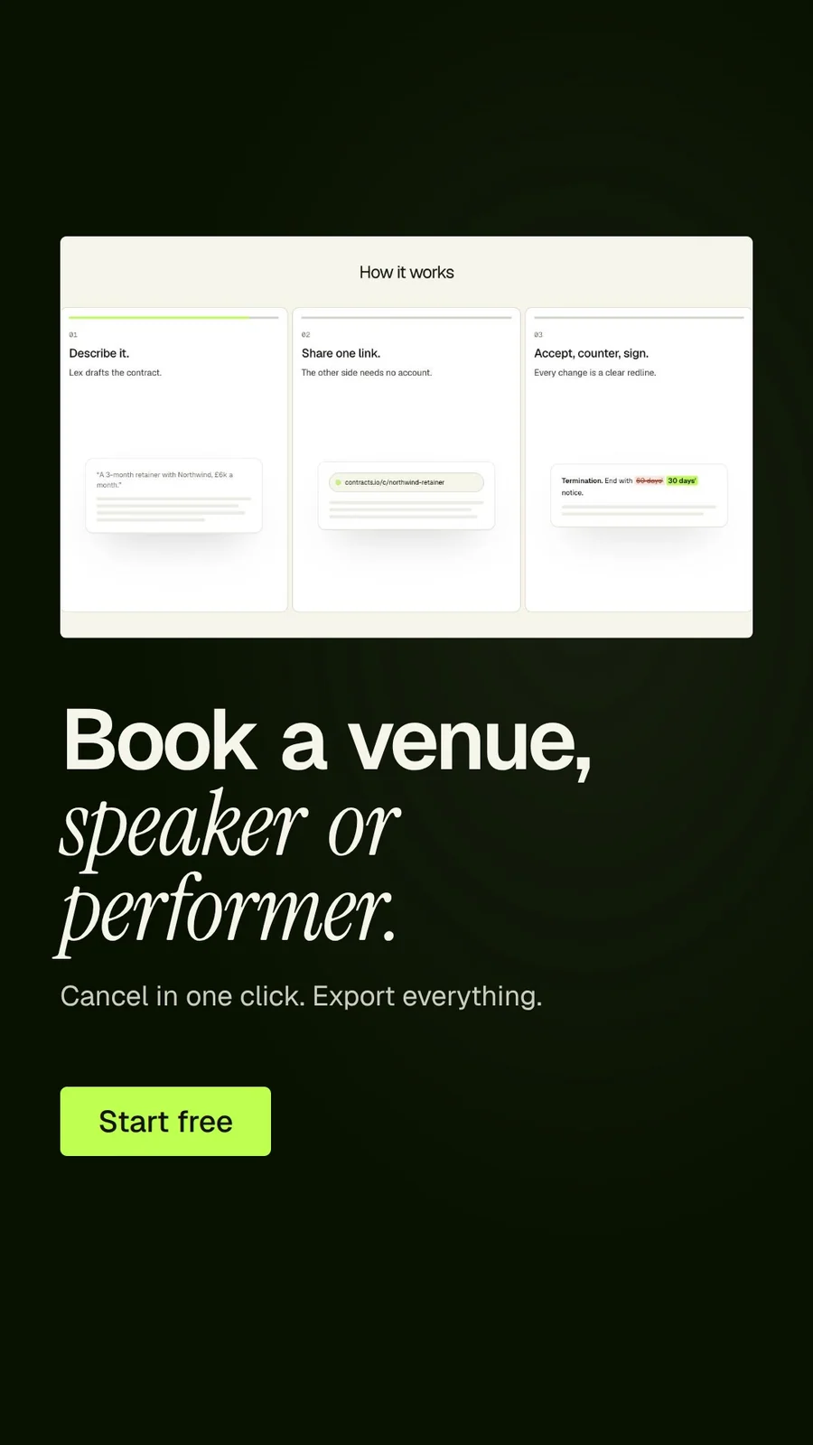 Video for contracts.io: "Book a venue, speaker or performer.". Doc motion loop, 6.0 s, dark palette.