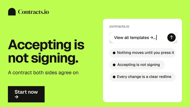 Landscape graphic for contracts.io: "Accepting is not signing." Swiss style, bottom layout, light palette in green, white.