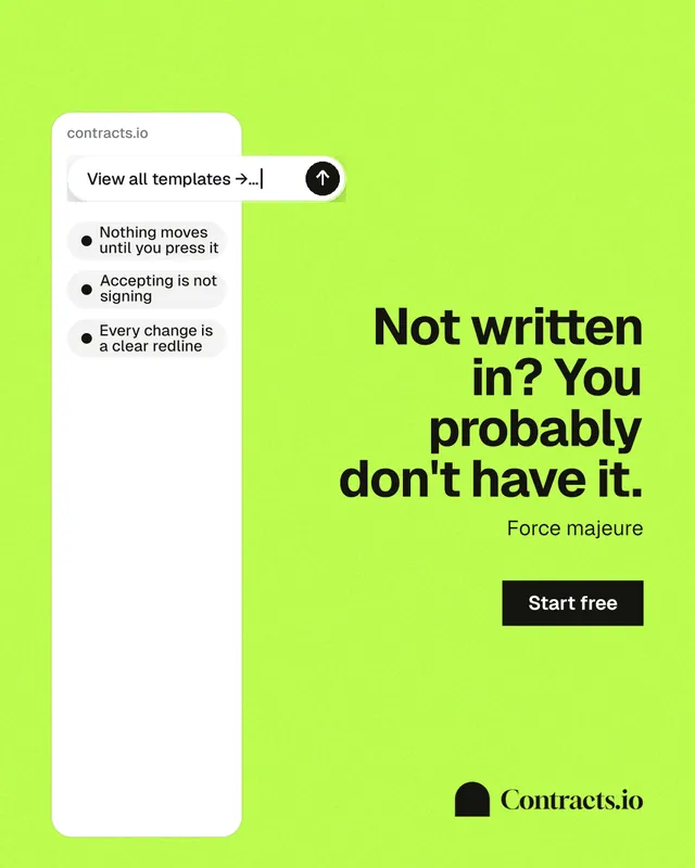Instagram portrait post for contracts.io: "Not written in? You probably don't have it." Swiss style, right layout, light palette in green.
