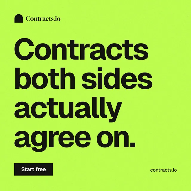 Instagram post for contracts.io: "Contracts both sides actually agree on." Swiss style, poster layout, light palette in green.