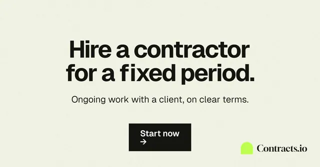 Social ad for contracts.io: "Hire a contractor for a fixed period." Swiss style, centred layout, light palette in white, yellow, grey.