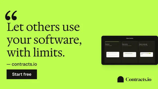 Landscape graphic for contracts.io: "Let others use your software, with limits." Swiss style, quote layout, light palette in green.