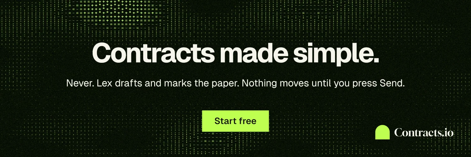 X header for contracts.io: "Contracts made simple." Swiss style, centred layout, dark palette in black, grey.